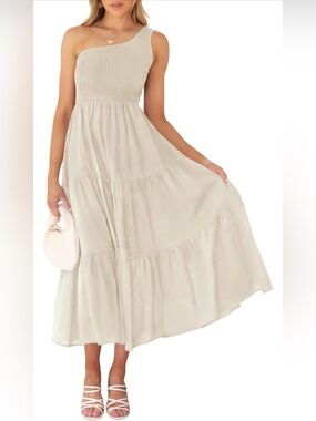ZCSIA One Shoulder Tiered Maxi Dress Cream Smocked Boho Cottagecore Size M NWT